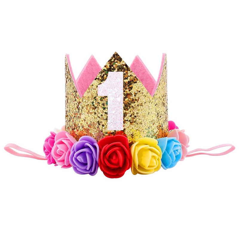 ipalmay Baby Princess Glitter Gold Crown  1st Birthday Party Hat Gold with Mix Rainbow Color Flowers - Image 1